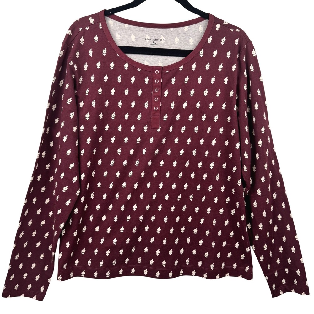 L.L. Bean Signature Henley Top‎ Women XL Burgundy Floral Cotton Long Sleeve
